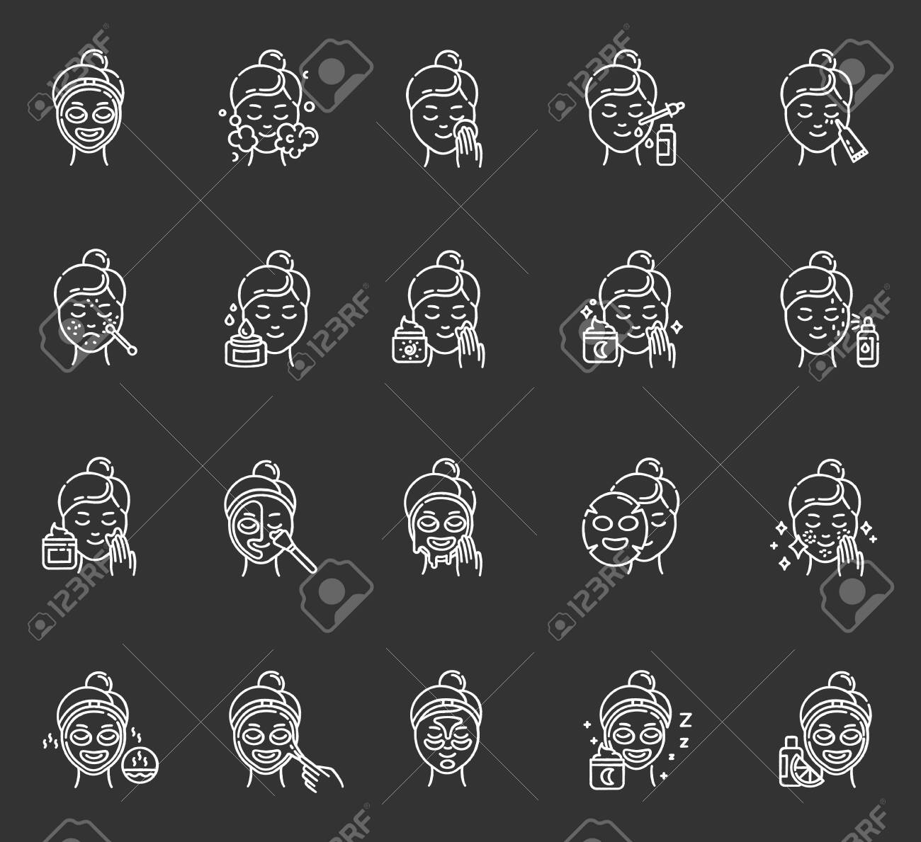Skin care procedures chalk icons set. Using face cream. Liquid, sheet, peel-off mask. Beauty products. Night time routine. Spot treatment. Vitamin C serum. Isolated vector chalkboard illustrations - 134836410 Skin care procedures chalk icons set. Using face cream. Liquid, sheet, peel-off mask. Beauty products. Night time routine. Spot treatment. Vitamin C serum. Isolated vector chalkboard illustrations - 134836410