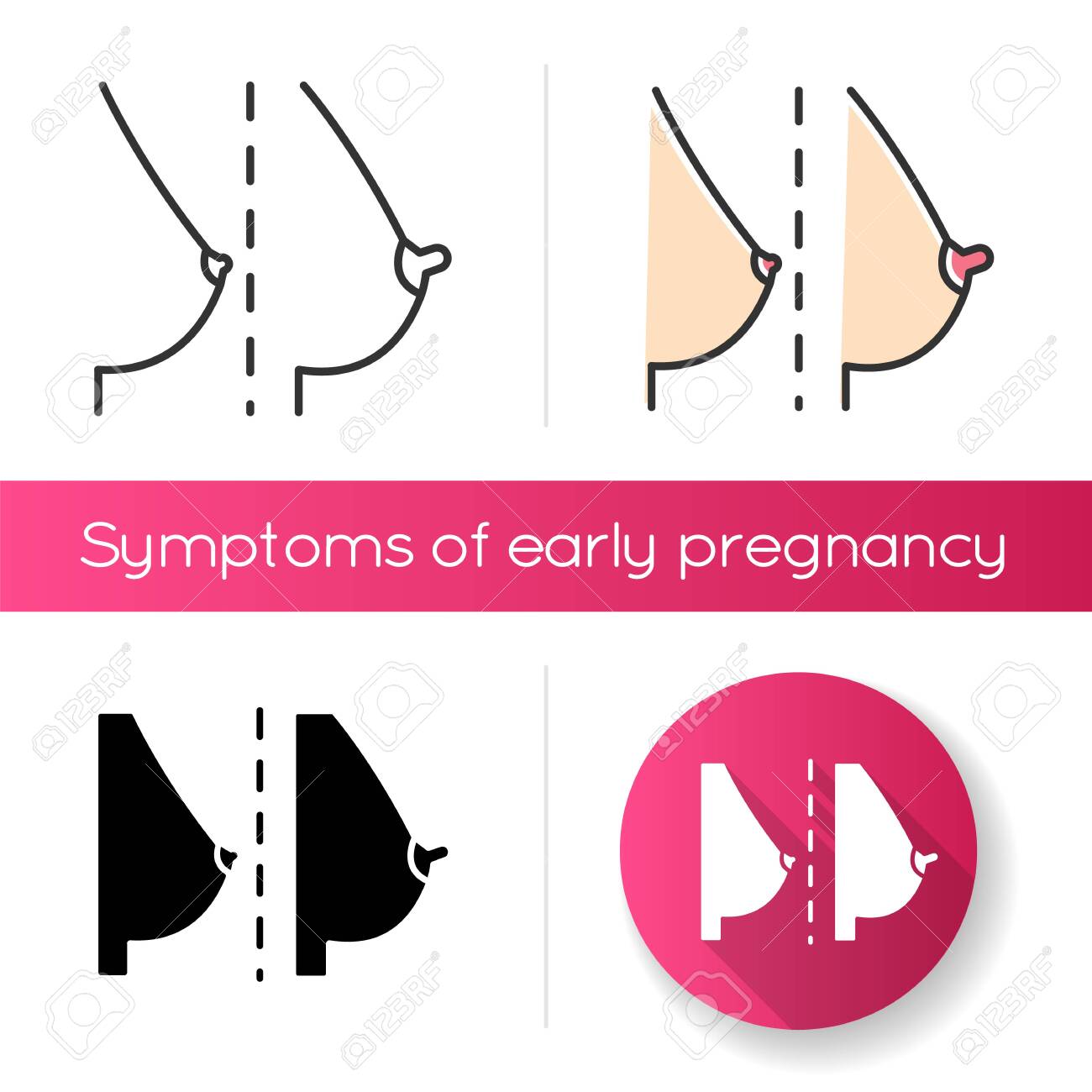 SVG, Vettoriale - Seno E Cambia Icona. Primo Sintomo Della Gravidanza.  Anatomia Femminile. Petto Gonfio. Sanità Per Le Donne. Cancro Al Seno.  Stili Di Colore Lineare Nero E RGB. Illustrazioni Vettoriali Isolate.
