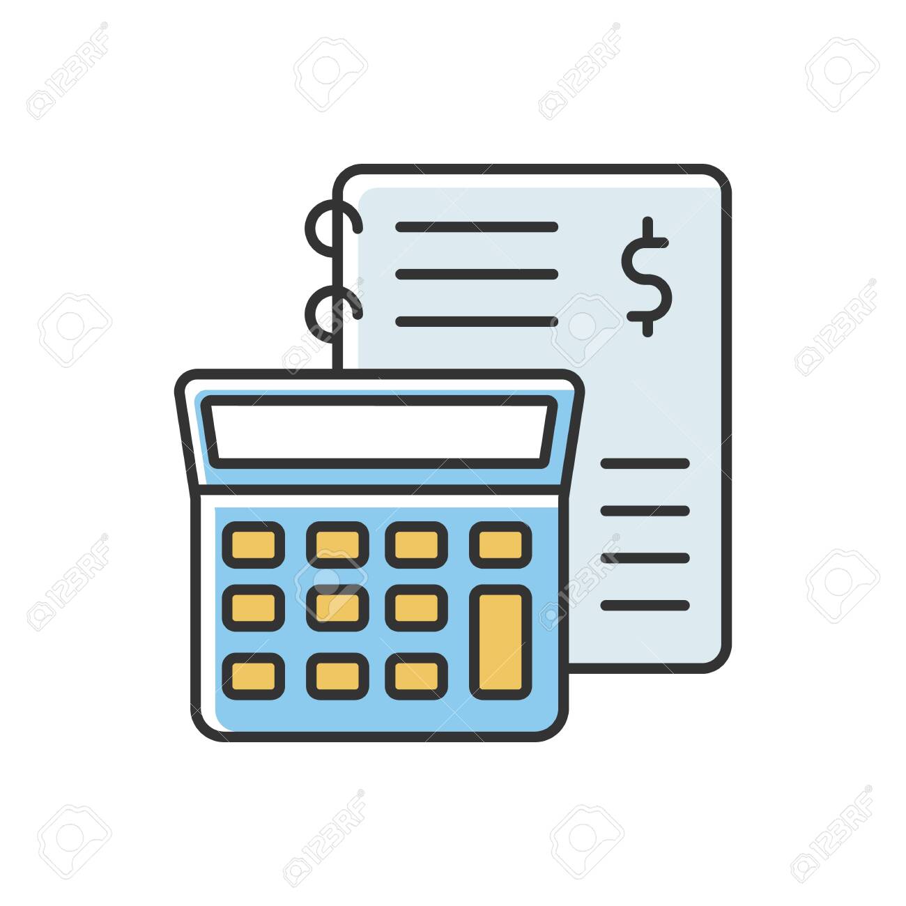 재무 회계 노란색과 파란색 RGB 색상 아이콘입니다. 재고 관리, 부기, 감사 및 보고. 수입과 지출을 계산합니다. 격리 된 벡터  일러스트 레이 션 로열티 무료 사진, 그림, 이미지 그리고 스톡포토그래피. Image 144431834