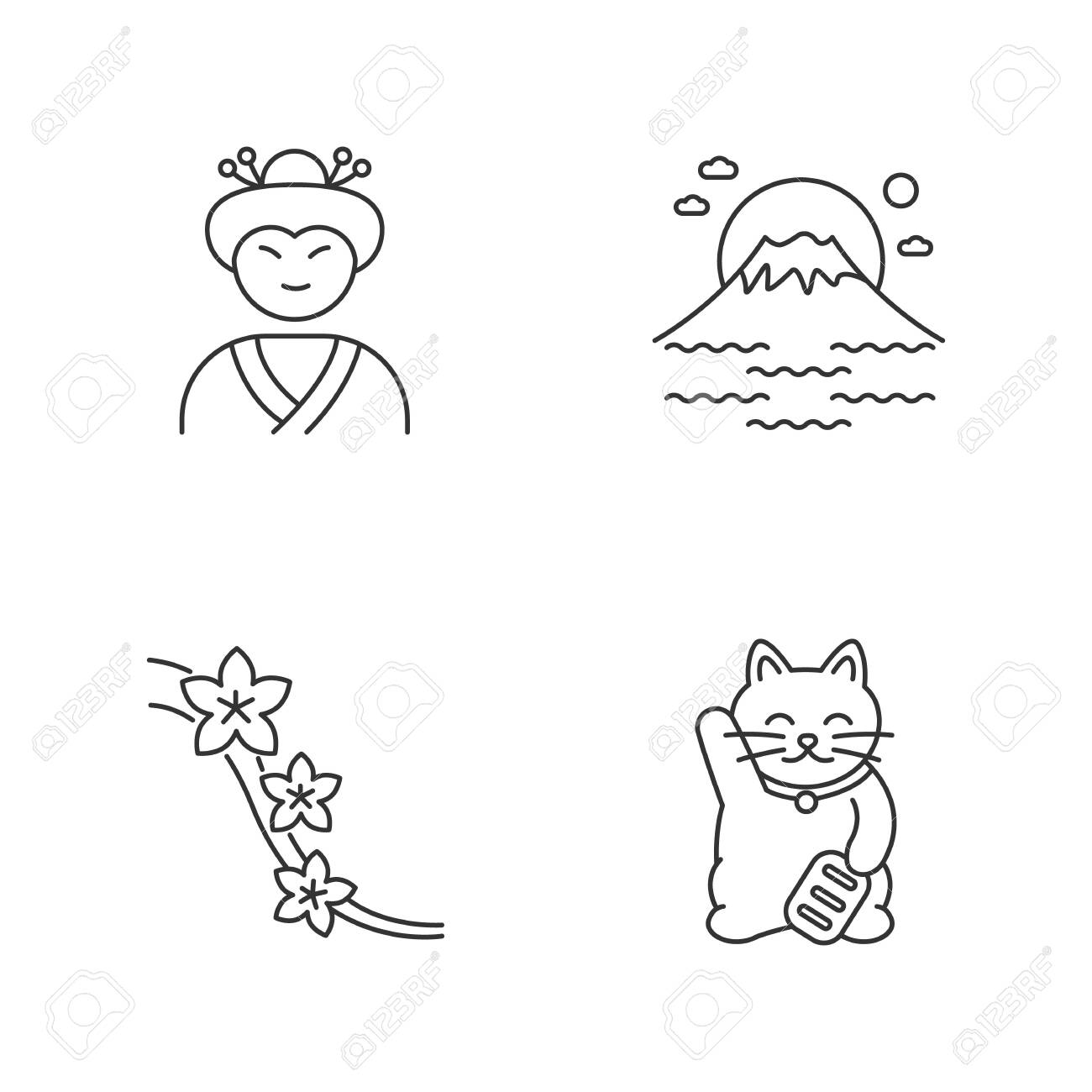 Japan Pixel Perfect Linear Icons Set Geisha Face Mount Fuji Royalty Free Cliparts Vectors And Stock Illustration Image 144435678