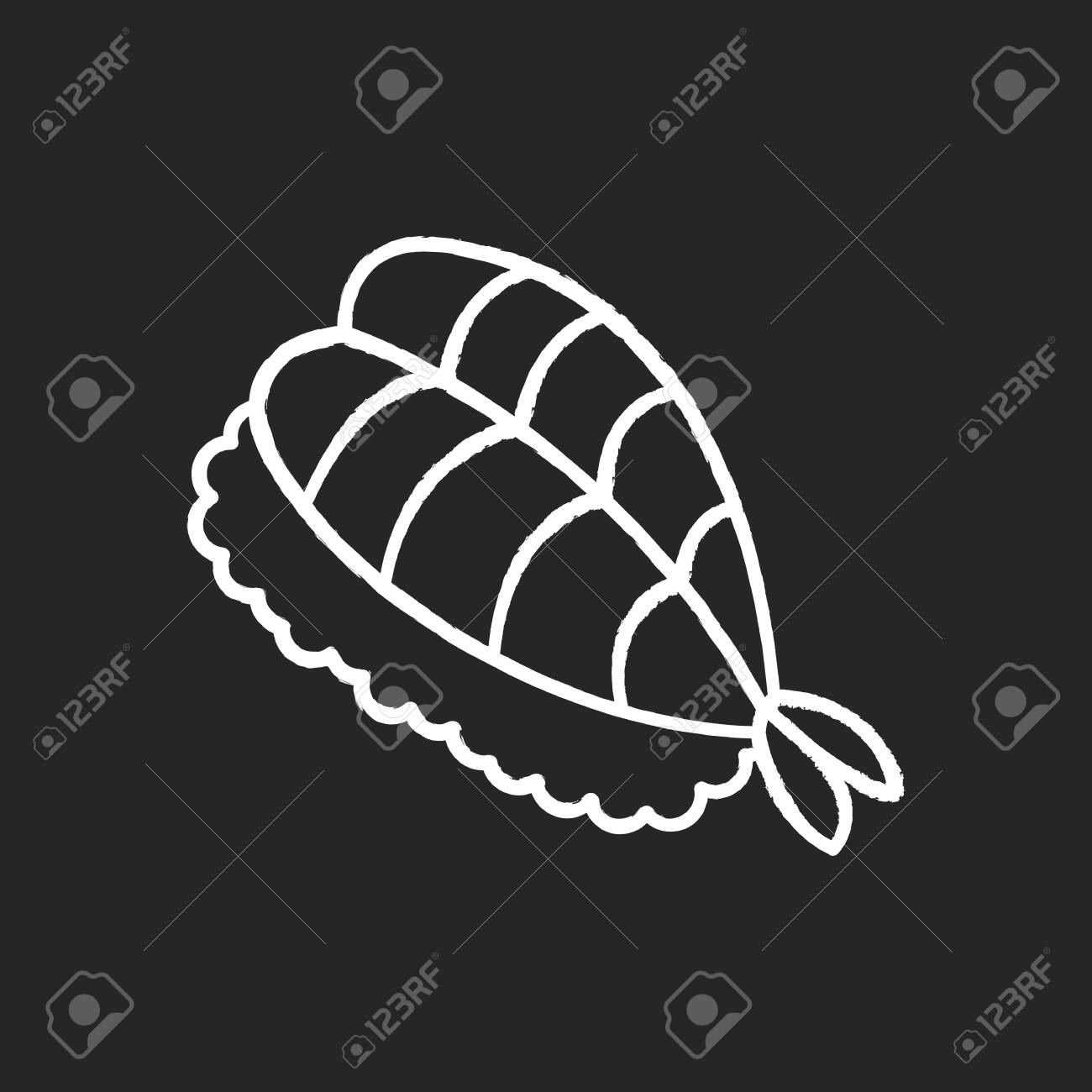 Sushi chalk white icon on black background. Fresh seafood. Sashimi meal. Fish on rice. Traditional japanese cuisine. Asian delicacy. Shrimp, prawn dish. Isolated vector chalkboard illustration - 144436154 Sushi chalk white icon on black background. Fresh seafood. Sashimi meal. Fish on rice. Traditional japanese cuisine. Asian delicacy. Shrimp, prawn dish. Isolated vector chalkboard illustration - 144436154