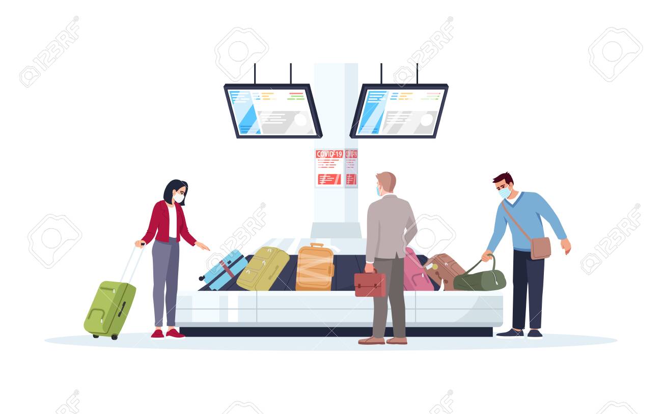 Baggage carousel semi flat RGB color vector illustration. Tourists in medical masks wait for luggage. People get bags in airport terminal. Passengers isolated cartoon character on white background - 145552260 Baggage carousel semi flat RGB color vector illustration. Tourists in medical masks wait for luggage. People get bags in airport terminal. Passengers isolated cartoon character on white background - 145552260