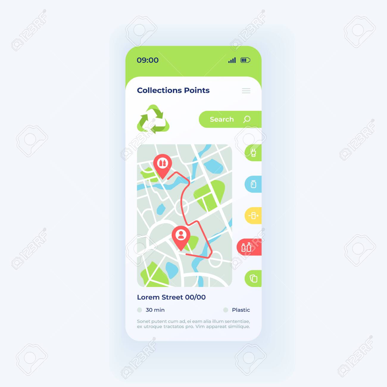 Recycling Stations Map Smartphone Interface Vector Template Waste Management Mobile App Page Light Design Layout Navigation Screen Flat Ui For Application Collection Point Route On Phone Display Royalty Free Cliparts Vectors And