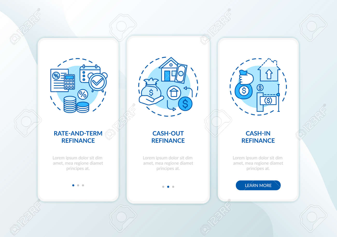 コンセプトを備えたモバイルアプリのページ画面をオンボーディングする住宅ローンの借り換えタイプ。レートとターム、キャッシュイン借入のウォークスルー3ステップのグラフィックの説明。  RGBカラーイラストとUIベクトルテンプレートのイラスト素材・ベクター Image ...