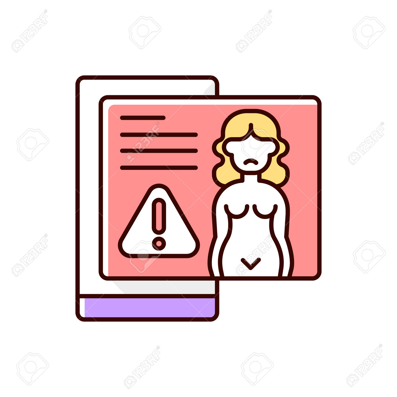 リベンジポルノRGBカラーアイコン。性的に露骨なコンテンツの配布。同意なしに女性の裸の写真を公開します。恐喝とネットいじめ。インターネットストーカー。孤立したベクトル図のイラスト素材・ベクター  Image 161898121