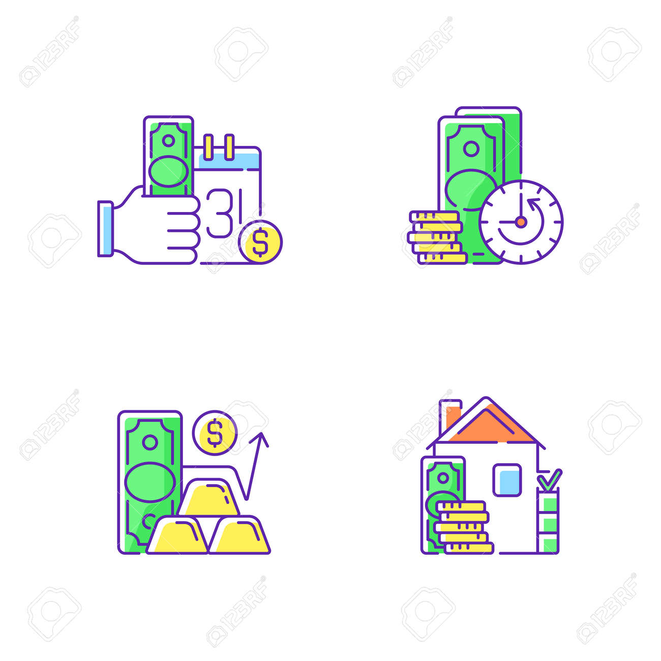 Hockshop Rgb 색상 아이콘 세트 급여일 대출 연장 금 가격 계약금 단기 차입 특정 즉시 지불 건너뛰기 시장 가치 계산 격리  벡터 일러스트 로열티 무료 사진, 그림, 이미지 그리고 스톡포토그래피. Image 163890529