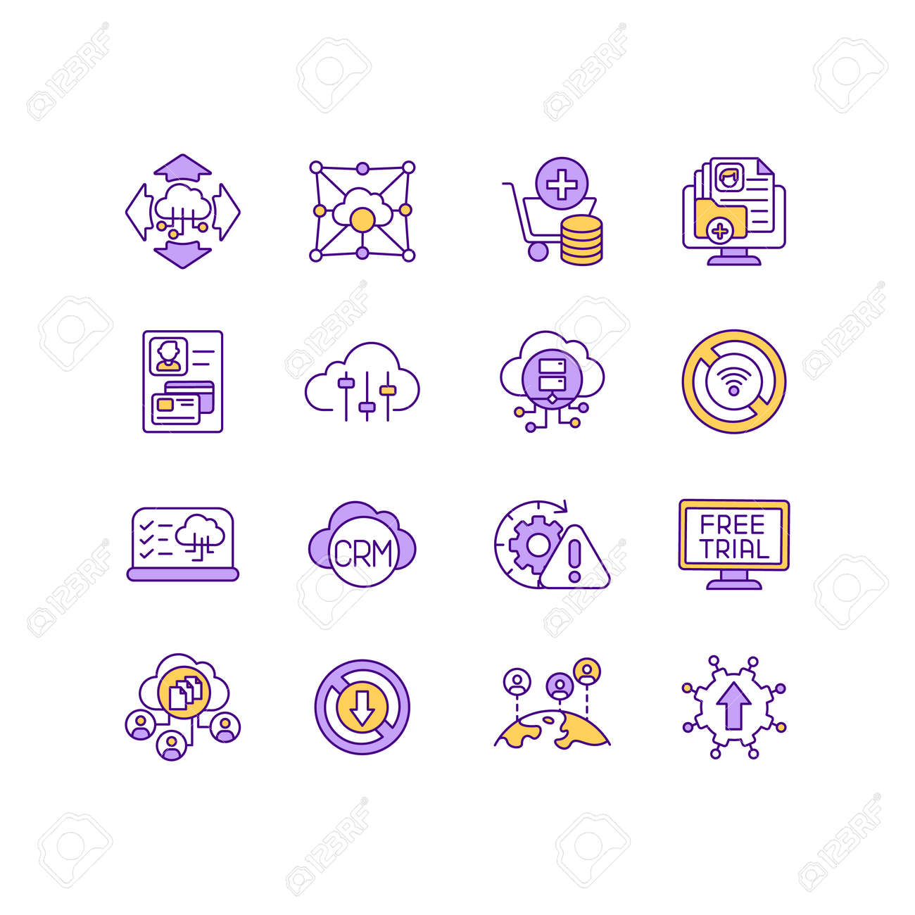 IoTサービスのRGBカラーアイコンが設定されています。マルチテナントクラウド環境。情報へのアクセスと使用。サブスクリプションベースのビジネスモデル。無料のクラウドコンピューティングの使用。孤立したベクトルイラストのイラスト素材・ベクター  Image 164157699