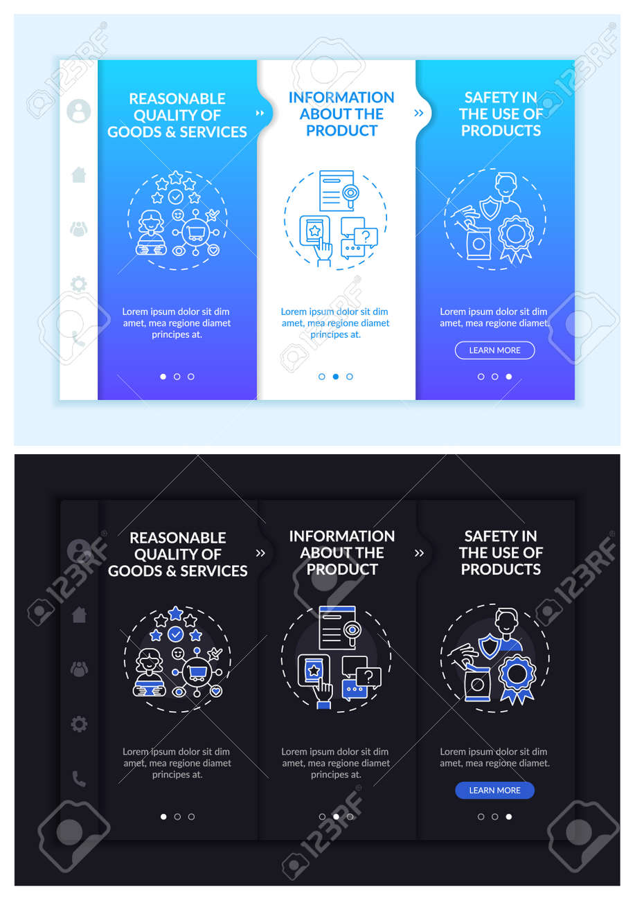 Key buyer rights onboarding vector template. Responsive mobile website with icons. Web page walkthrough 3 step screens. Right for safety, choice night and day mode concept with linear illustrations - 167762172 Key buyer rights onboarding vector template. Responsive mobile website with icons. Web page walkthrough 3 step screens. Right for safety, choice night and day mode concept with linear illustrations - 167762172