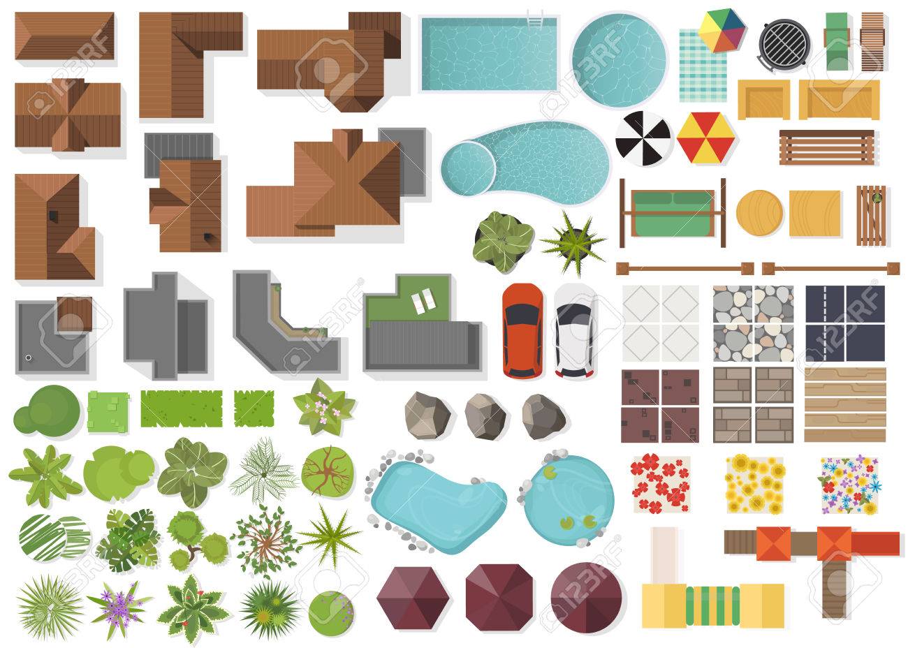 Set Landscape elements, top view.House, garden, tree, lake, swimming pools, bench, table. Landscaping symbols set isolated on white - 81733275 Set Landscape elements, top view.House, garden, tree, lake, swimming pools, bench, table. Landscaping symbols set isolated on white - 81733275