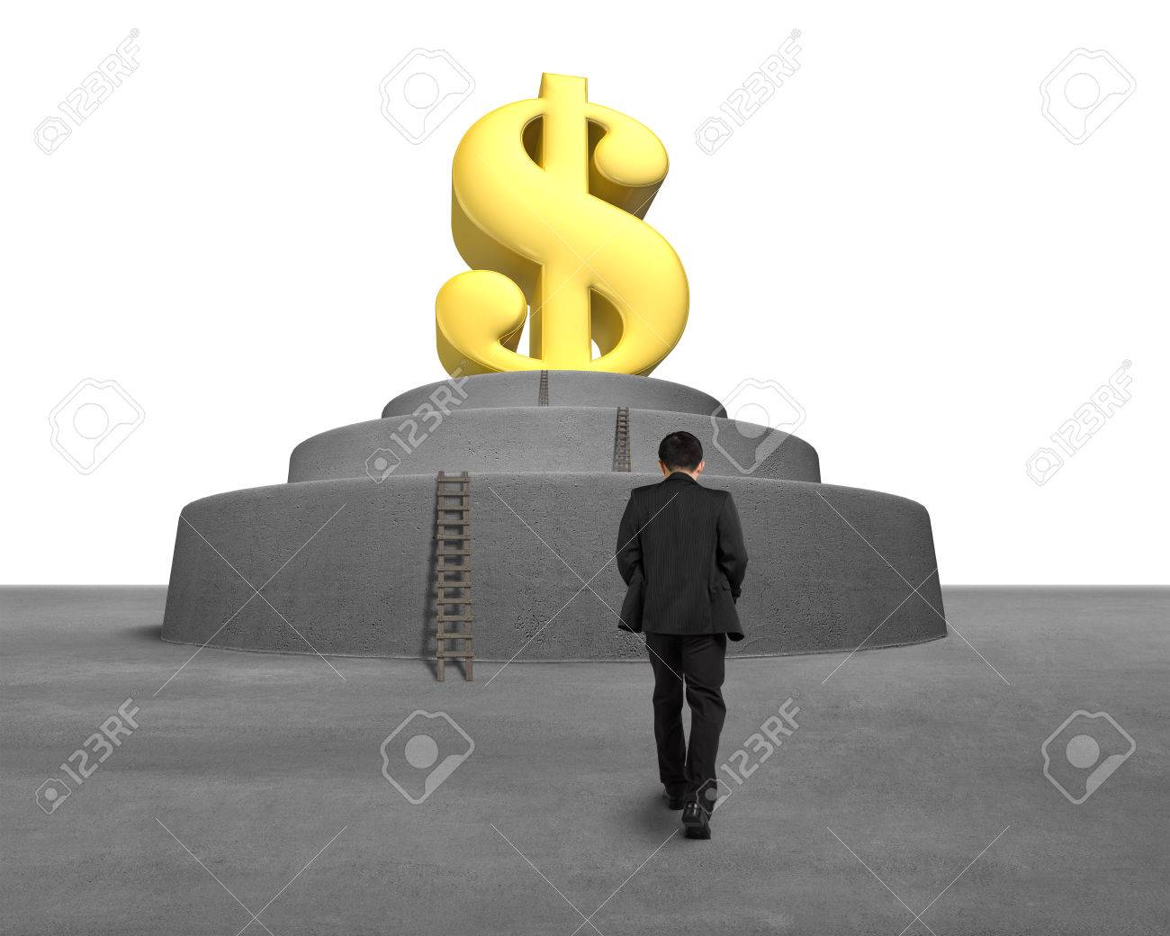 Businessman Walking Toward Large Money Symbol In Front - 
