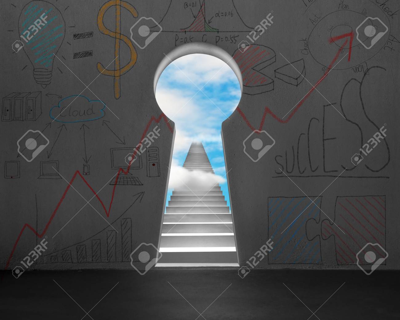 外階段と青空と壁のキー形状のドア の写真素材 画像素材 Image