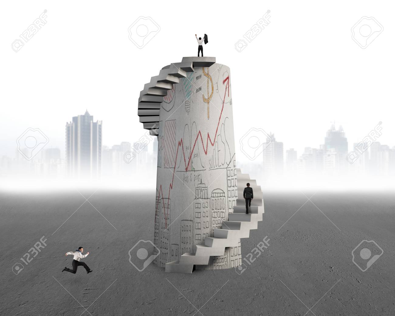 都市高層ビルの背景に落書きコンクリート リュウラセンの塔を持つ人々 のグループ の写真素材 画像素材 Image