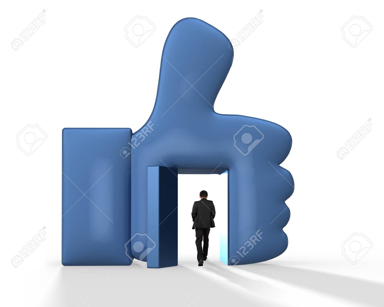 Man Walking Through The Opened Door Of 3d Blue Thumb Up Isolated