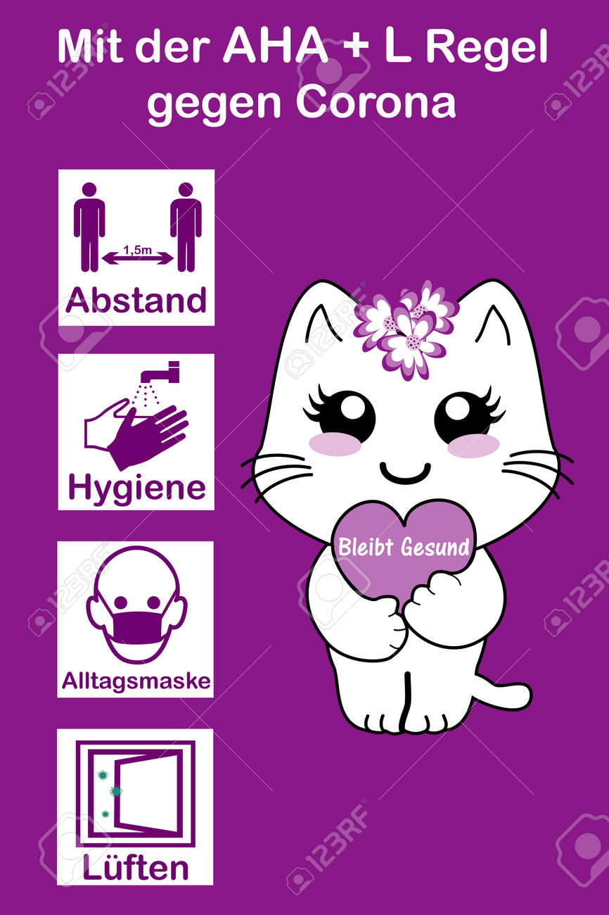 Information sign for children with the AHA + L rule. German text: "With the AHA + L rule (distance, hygiene, everyday mask, airing) against Corona" and on the heart in German "Stay healthy". Vector file - 156589047 Information sign for children with the AHA + L rule. German text: "With the AHA + L rule (distance, hygiene, everyday mask, airing) against Corona" and on the heart in German "Stay healthy". Vector file - 156589047