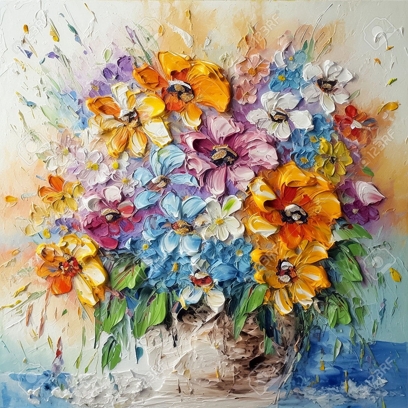 自由奔放に生きるスタイルの油絵、花瓶の庭の花束、半抽象的、AI生成の