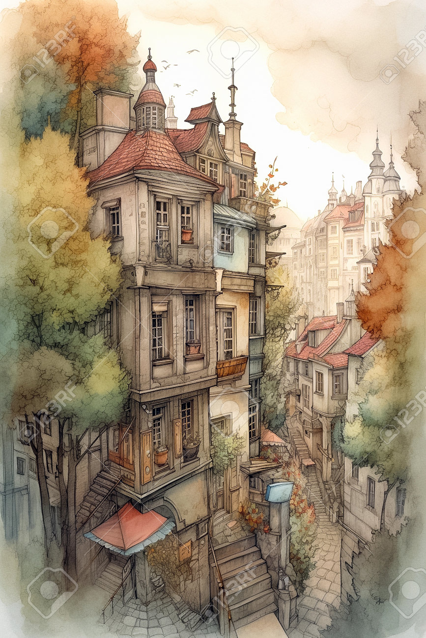 夜の街。水彩カラフルなヨーロッパのアムステルダムスタイルの家の