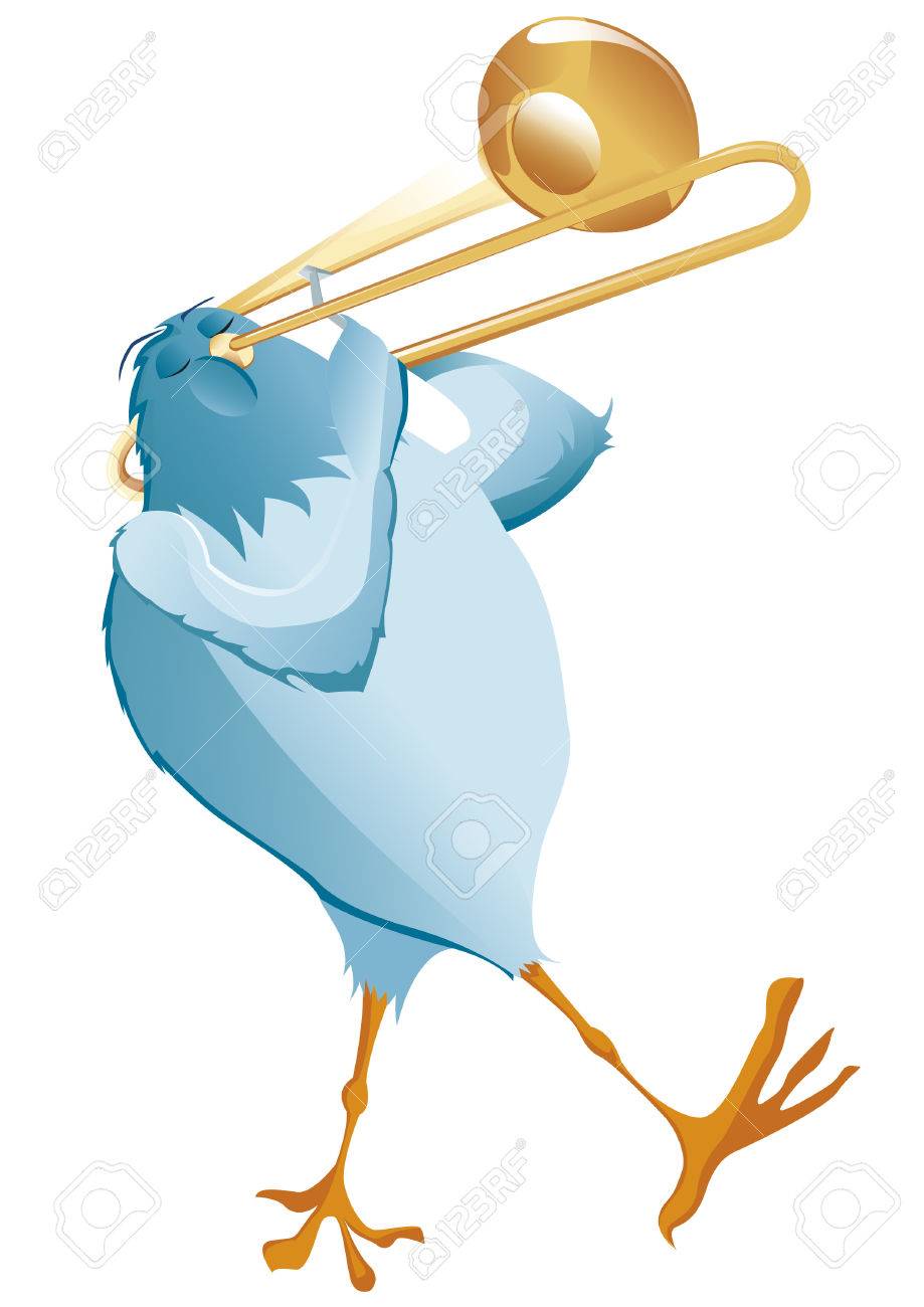 青い鳥は トロンボーンと音楽を作る のイラスト素材 ベクタ Image