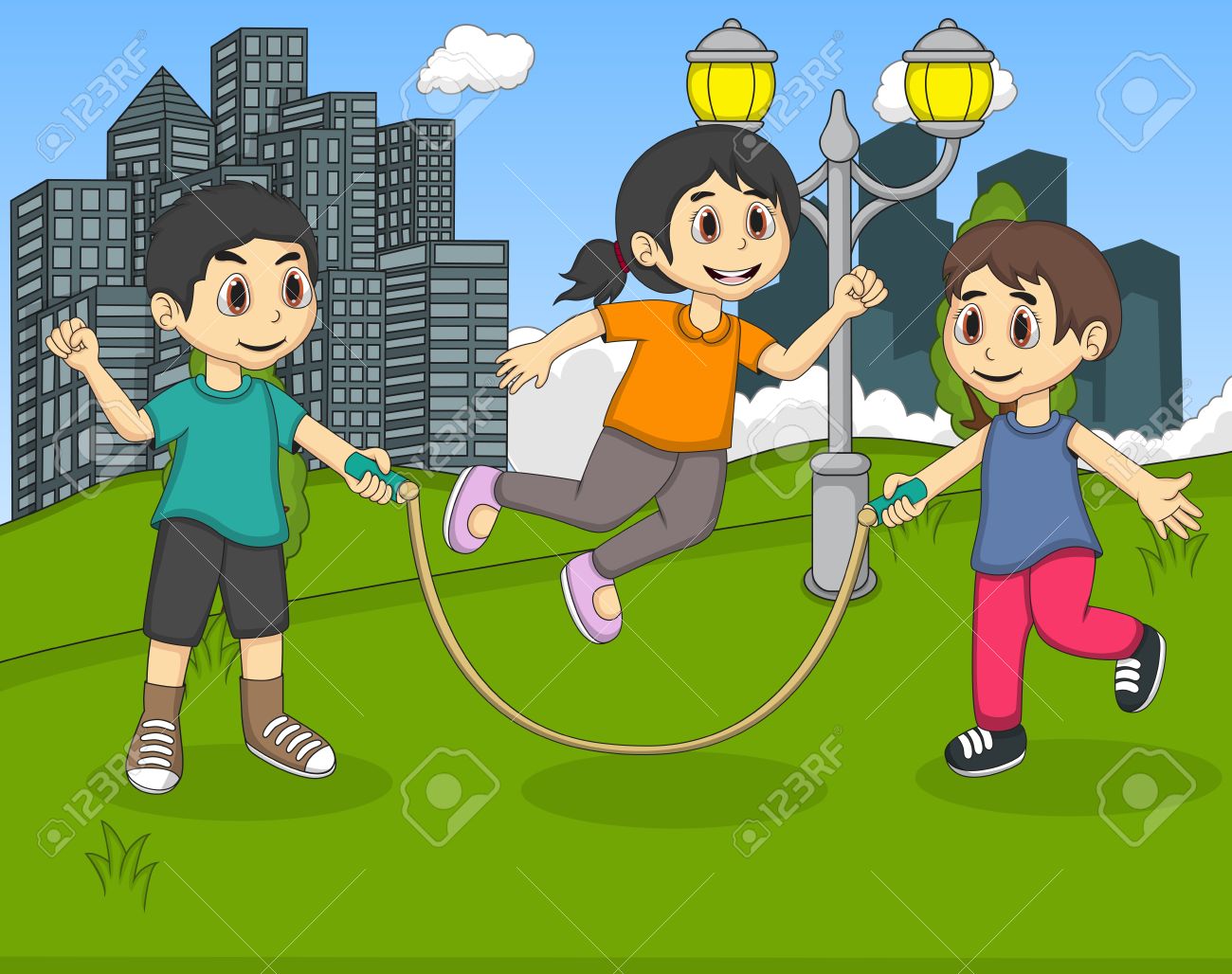 公園漫画で縄跳びを遊んでいる子供のイラスト素材 ベクタ Image
