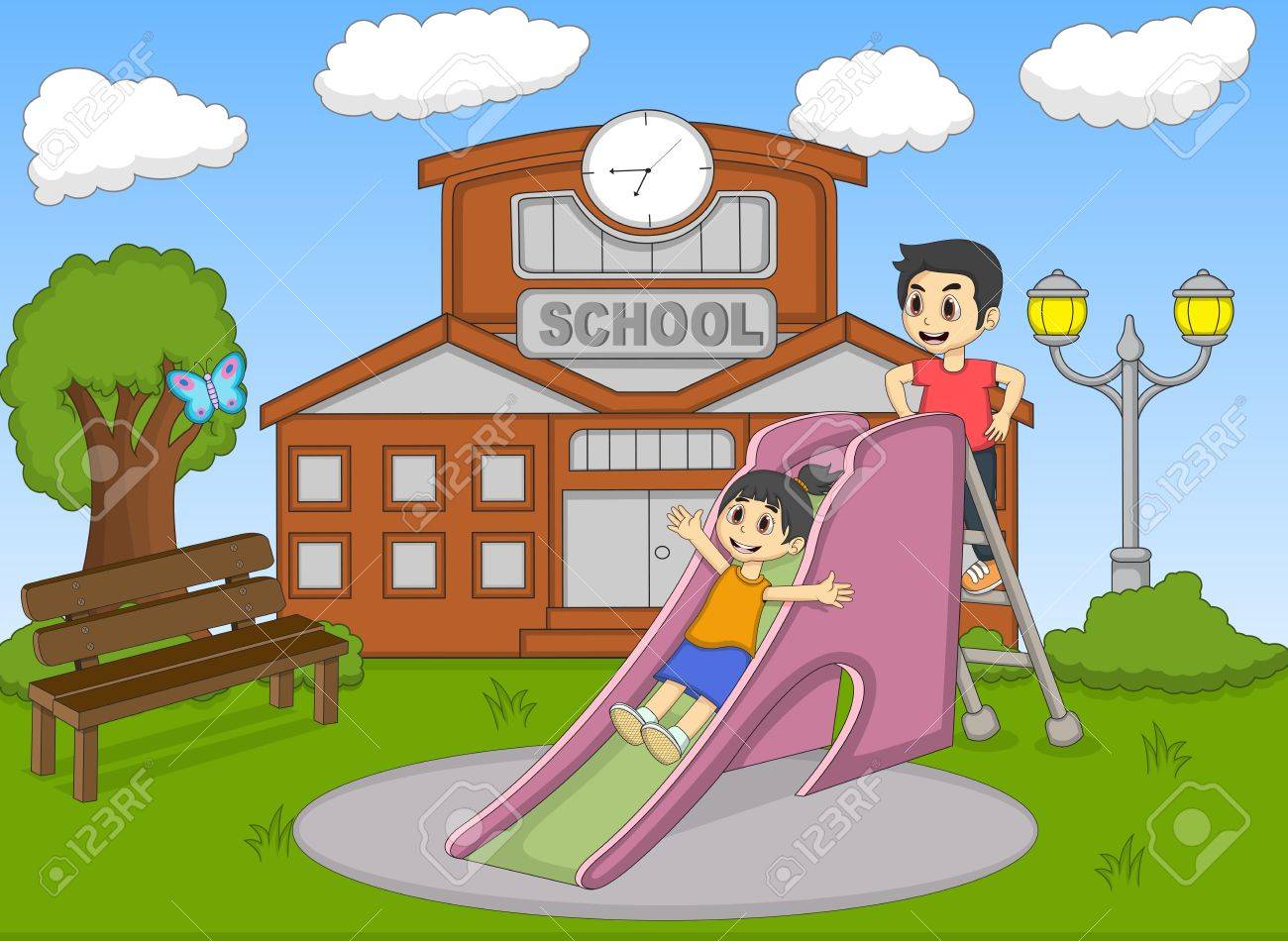 children playing slide on the school cartoon children at school cartoon