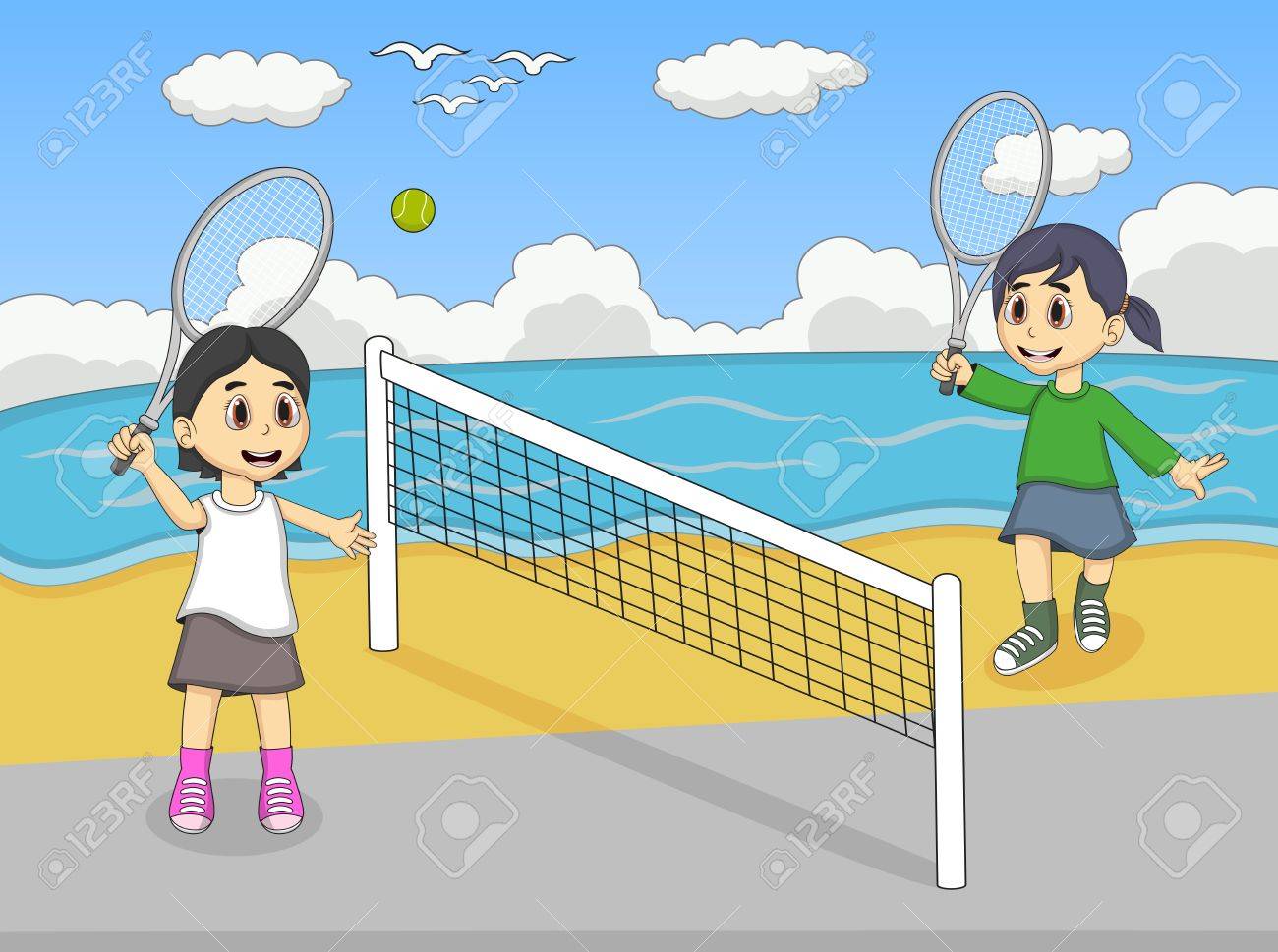 Enfants Jouant Au Tennis Sur Le Dessin Animé De La Plage