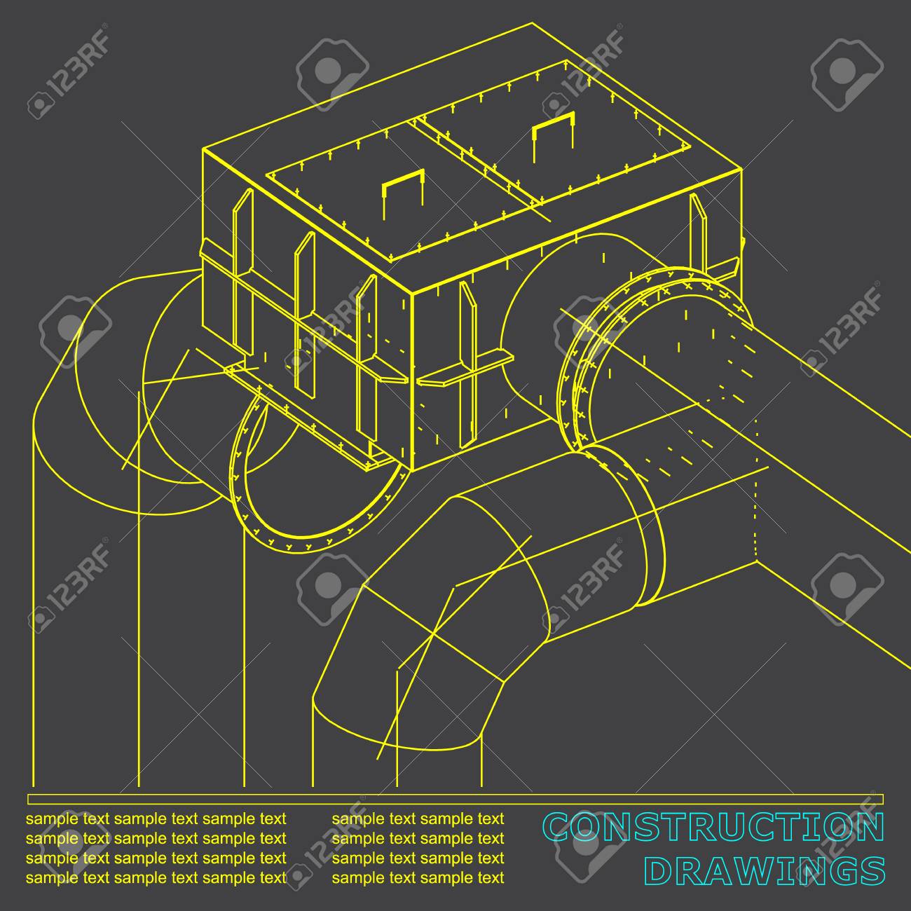 鉄骨構造物の図面 パイプとパイプ鉄骨構造の3d青写真 灰色 のイラスト素材 ベクタ Image