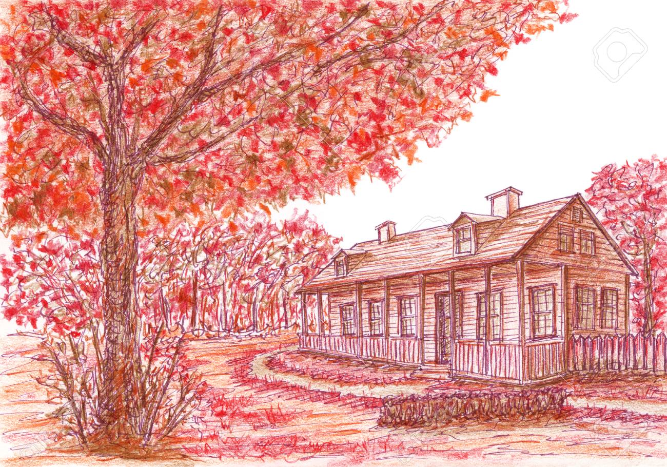 Sketch Of Ancient House And Tree In Loose Style Ink And Colored