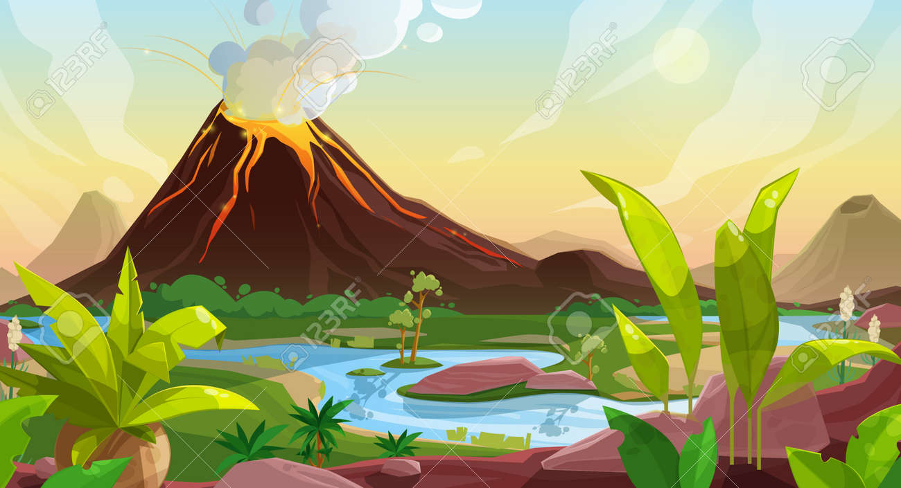 Fondo De Vector De Dibujos Animados De Erupción Volcánica Del Paisaje De La Naturaleza De La Interfaz Del Juego. Montaña Con Fuente De Lava, Nubes De Ceniza Volcánica, Fuego Y Humo, árboles Fondo De Vector De Dibujos Animados De Erupción Volcánica Del Paisaje De La Naturaleza De La Interfaz Del Juego. Montaña Con Fuente De Lava, Nubes De Ceniza Volcánica, Fuego Y Humo, árboles