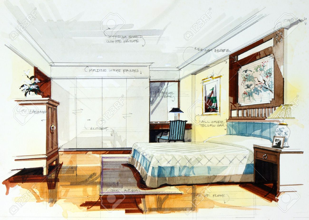 Interior Sketch Bedroom By Pencil And Watercolor