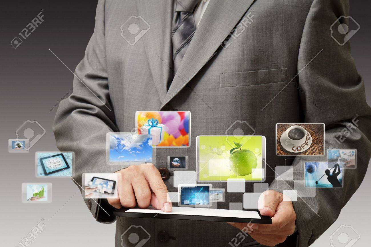 business hand shows touch screen mobile phone with streaming images - 16097288 business hand shows touch screen mobile phone with streaming images - 16097288