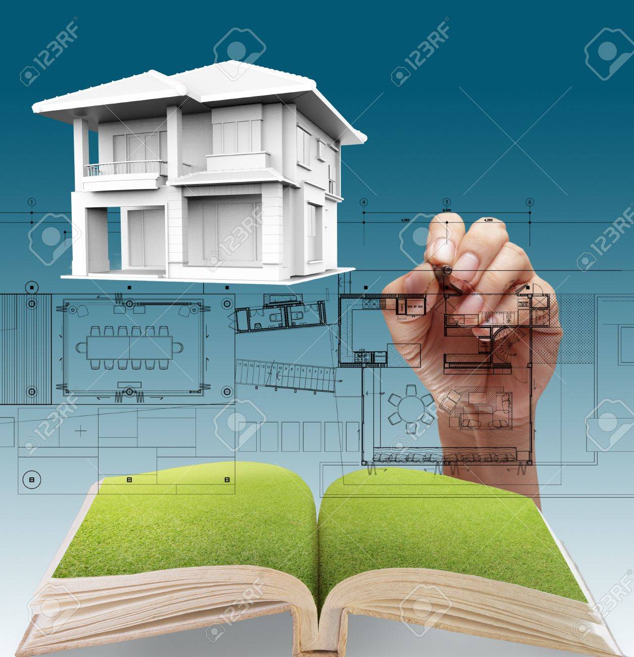 House plan blueprints, designer's hand - 16097326 House plan blueprints, designer's hand - 16097326