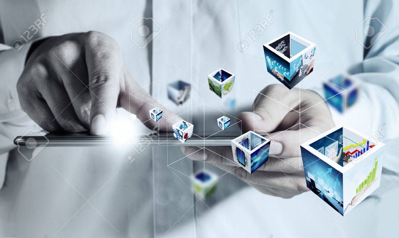 business hand holding a touch pad computer and 3d streaming images - 16096368 business hand holding a touch pad computer and 3d streaming images - 16096368