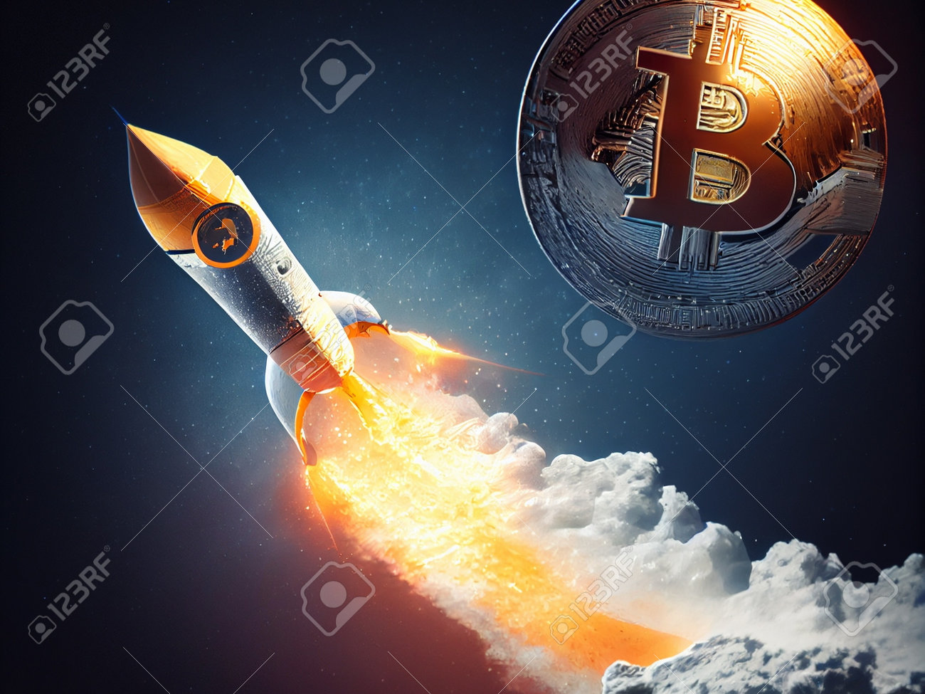 Crypto Rocket Launch Spaceship To The Moon, Bitcoin Finance Wallpaper Stock  Photo, Picture and Royalty Free Image. Image 198271909.