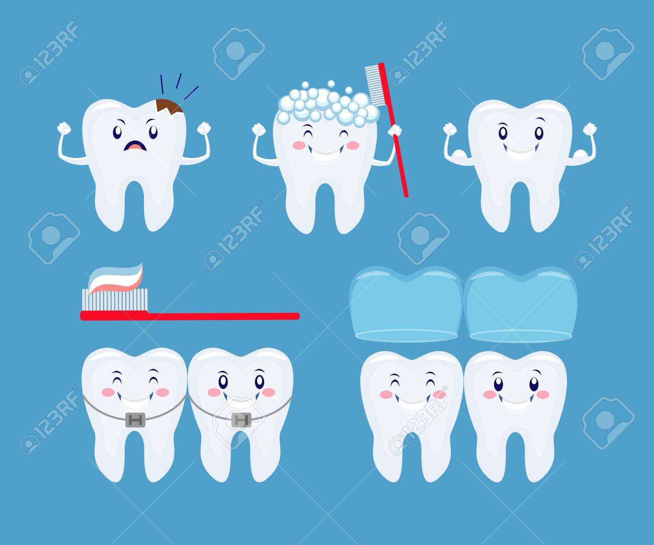 tooth health icon set funny cartoon teeth set tooth care consept