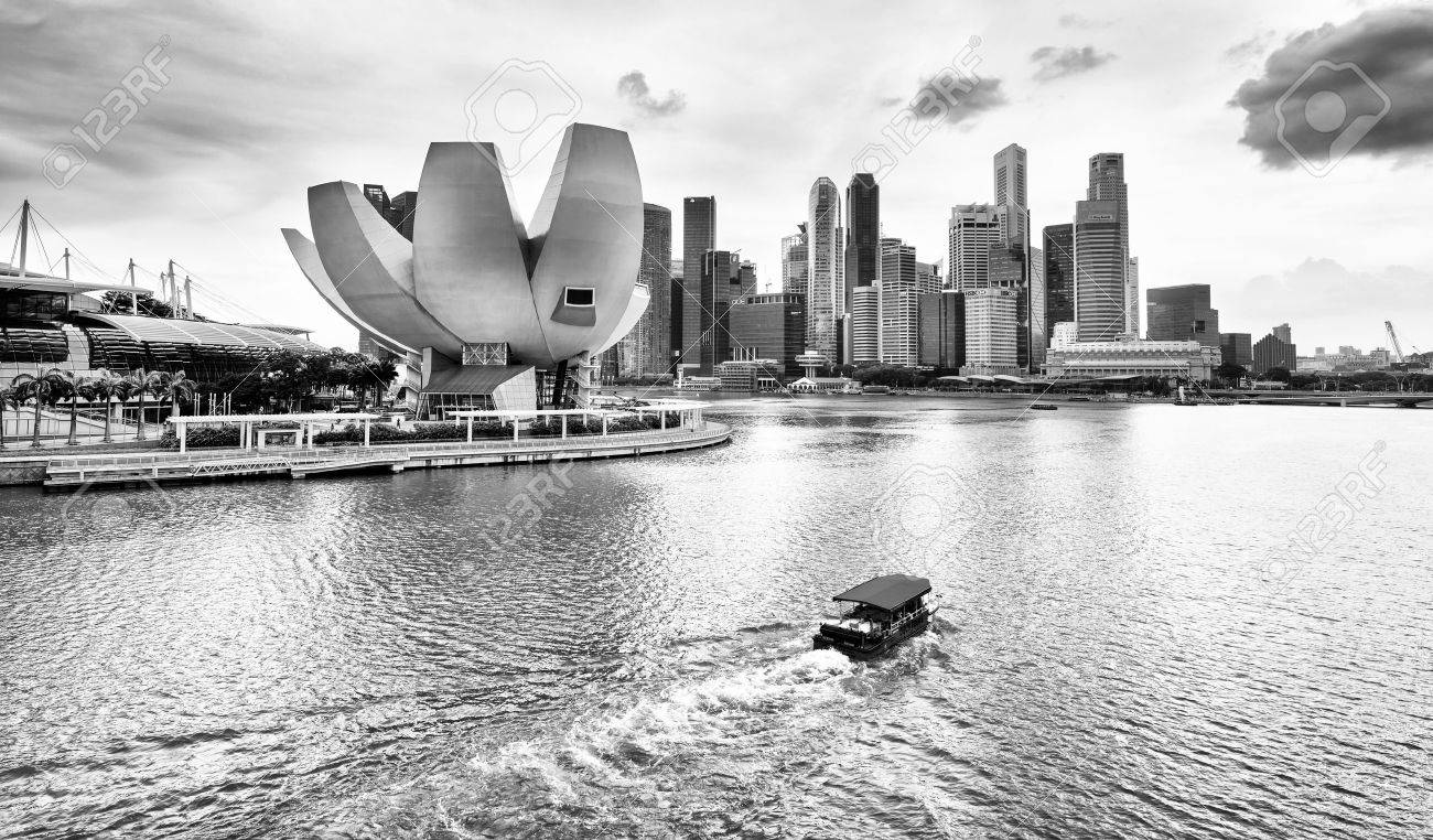 Singapore skyline and view of marina bay black and white color stock photo 39533003