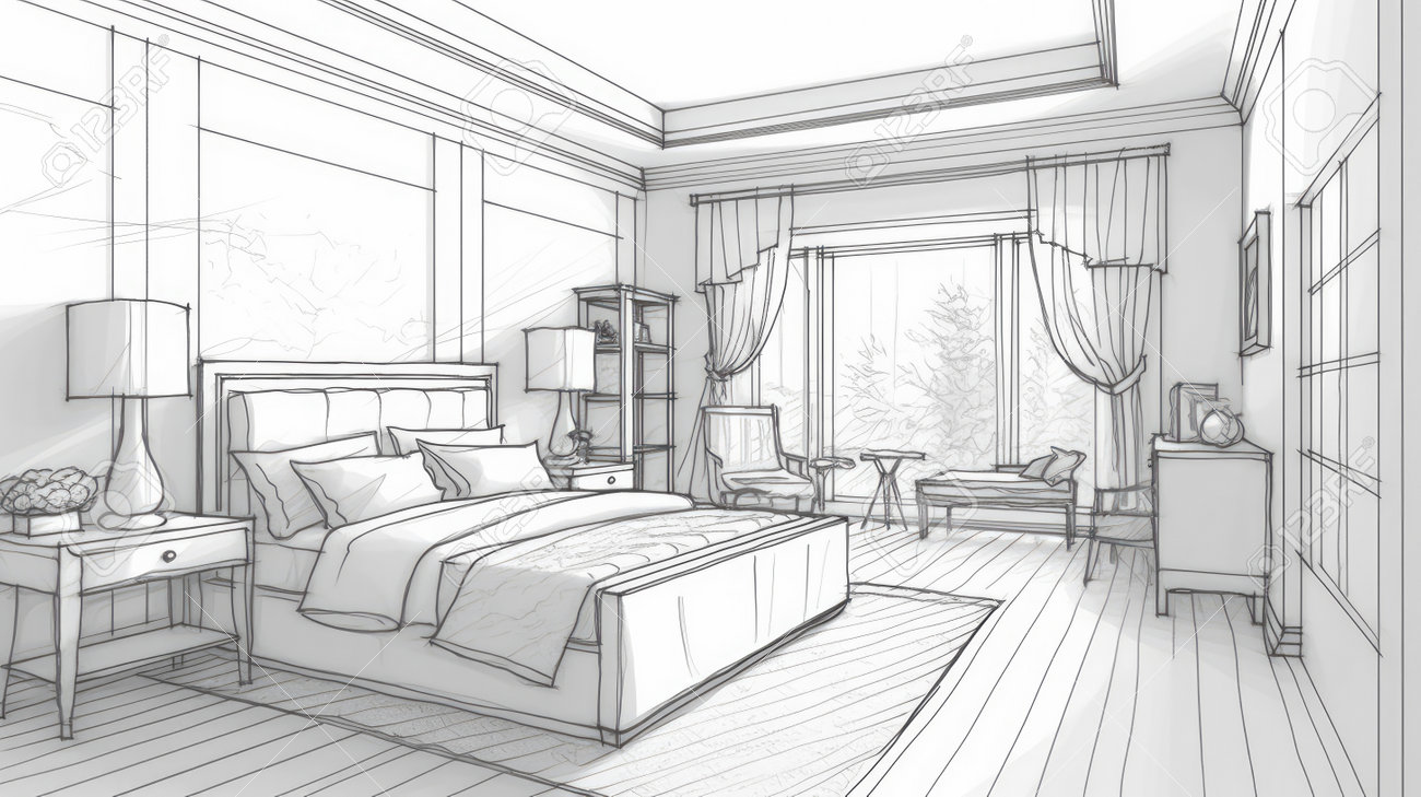 Linear Sketch Of An Interior. Room Plan. Sketch Line Bedrooms. Vector  Illustration.outline Sketch Drawing Perspective Of A Interior Space,  Generative AI Stock Photo, Picture and Royalty Free Image. Image 211166911., image size:1300x729