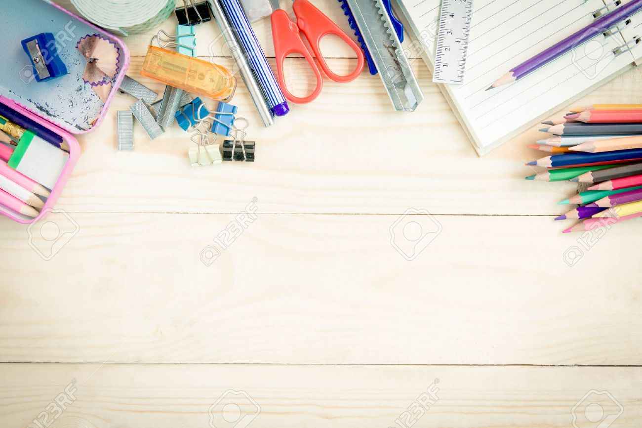 school and office supplies on wood background back to school stock office supplies background