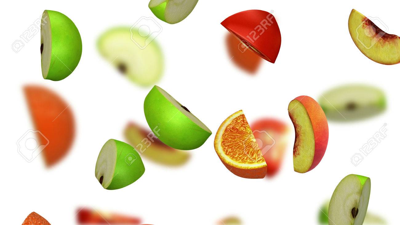 lobules of fruits falling on white background 3d illustration stock