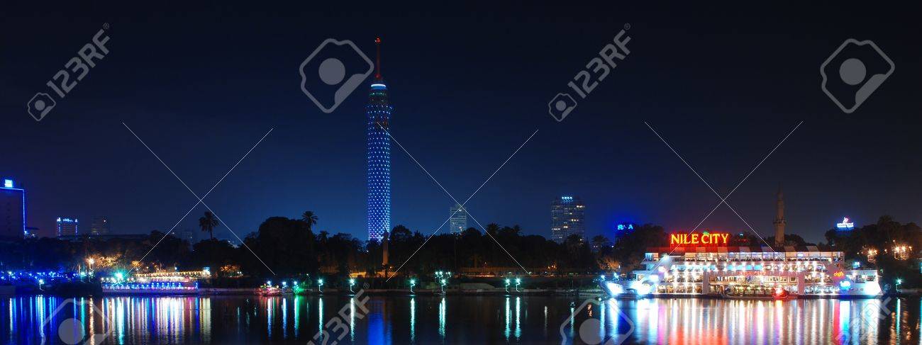 Egypt Night Cairo Panoramic view of Nile and Cairo Tower on Gezira island - 12926091 Egypt Night Cairo Panoramic view of Nile and Cairo Tower on Gezira island - 12926091