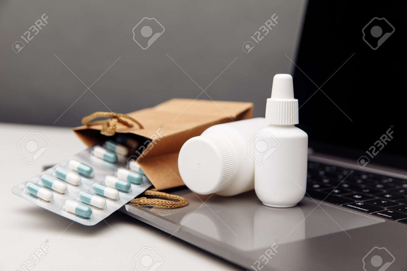 Online pharmacy. Prescription drugs and over the counter medication ready for delivery to customers - 169820262 Online pharmacy. Prescription drugs and over the counter medication ready for delivery to customers - 169820262