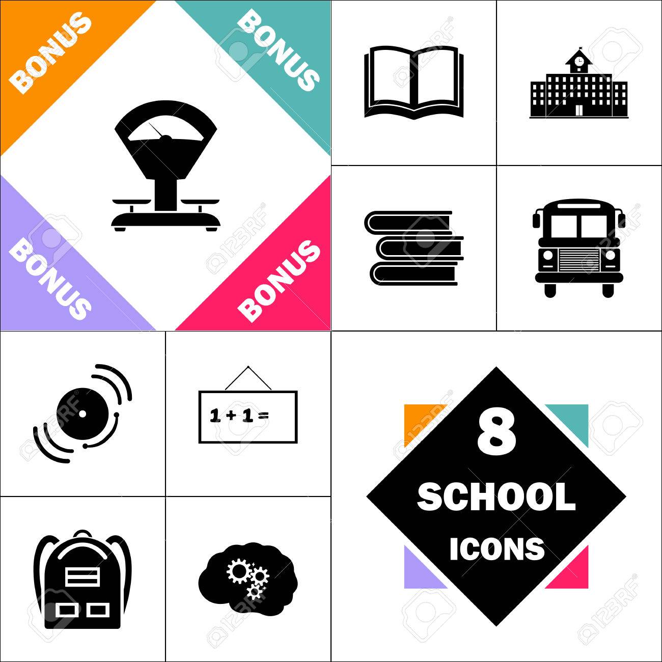 学校のピクトグラムにアイコンとバックで完璧な設定のバランスをとる 教科書 学校建築 学校のバス 教科書 ベル 黒板 学生バックパック 脳を学ぶなどのアイコンが含まれていますのイラスト素材 ベクタ Image