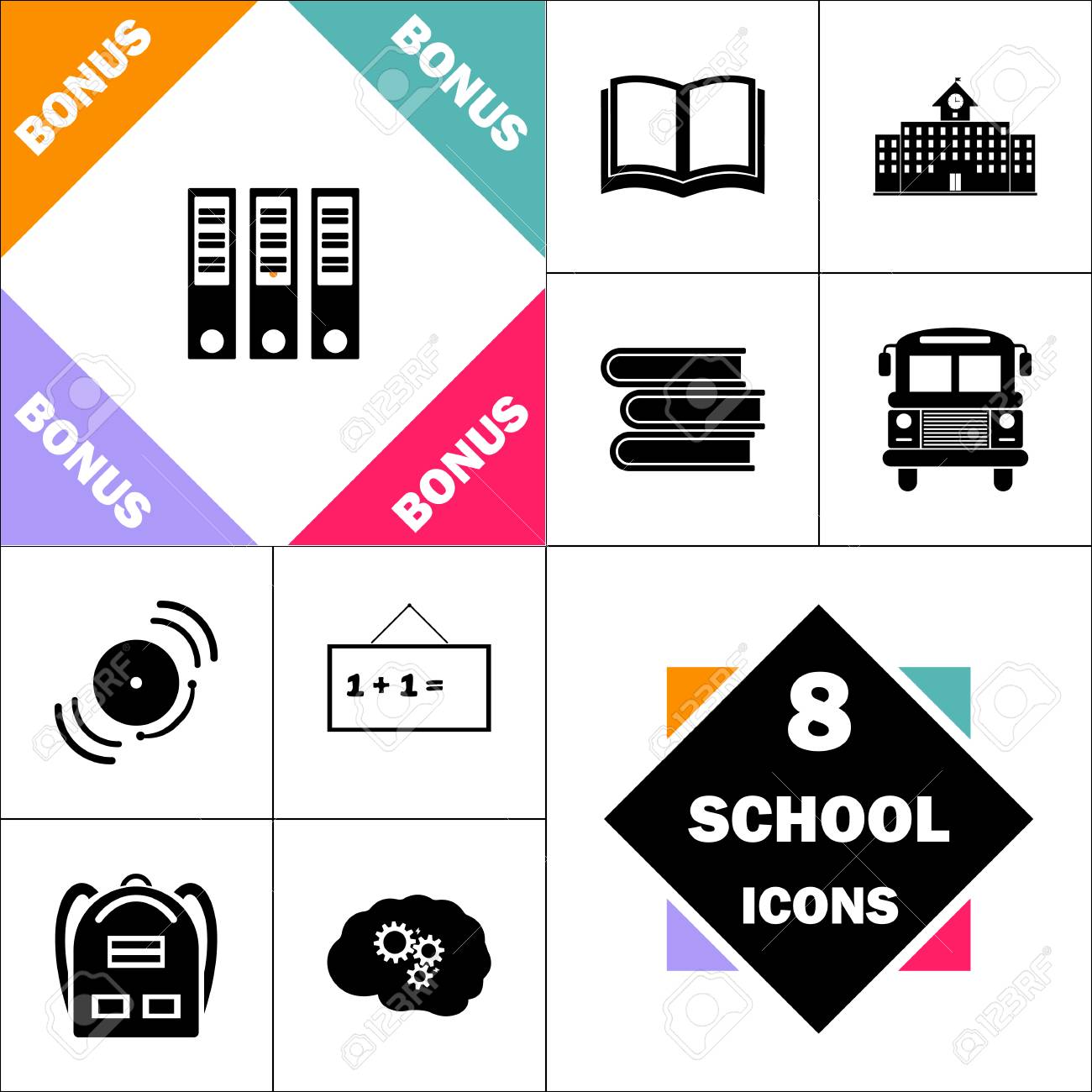 バインダー アイコンと設定完璧に戻る学校ピクトグラム 教科書 学校建築 学校のバス 教科書 ベル 黒板 学生バックパック 脳を学ぶなどのアイコンが含まれていますのイラスト素材 ベクタ Image