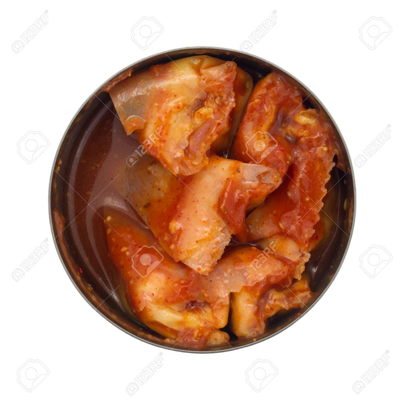 Top View Of An Opened Can Of Tamales In Chili Sauce Isolated ...