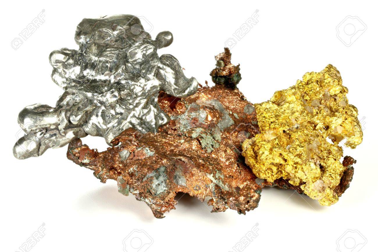 Gold Silver And Copper Nuggets Isolated On White Background - 