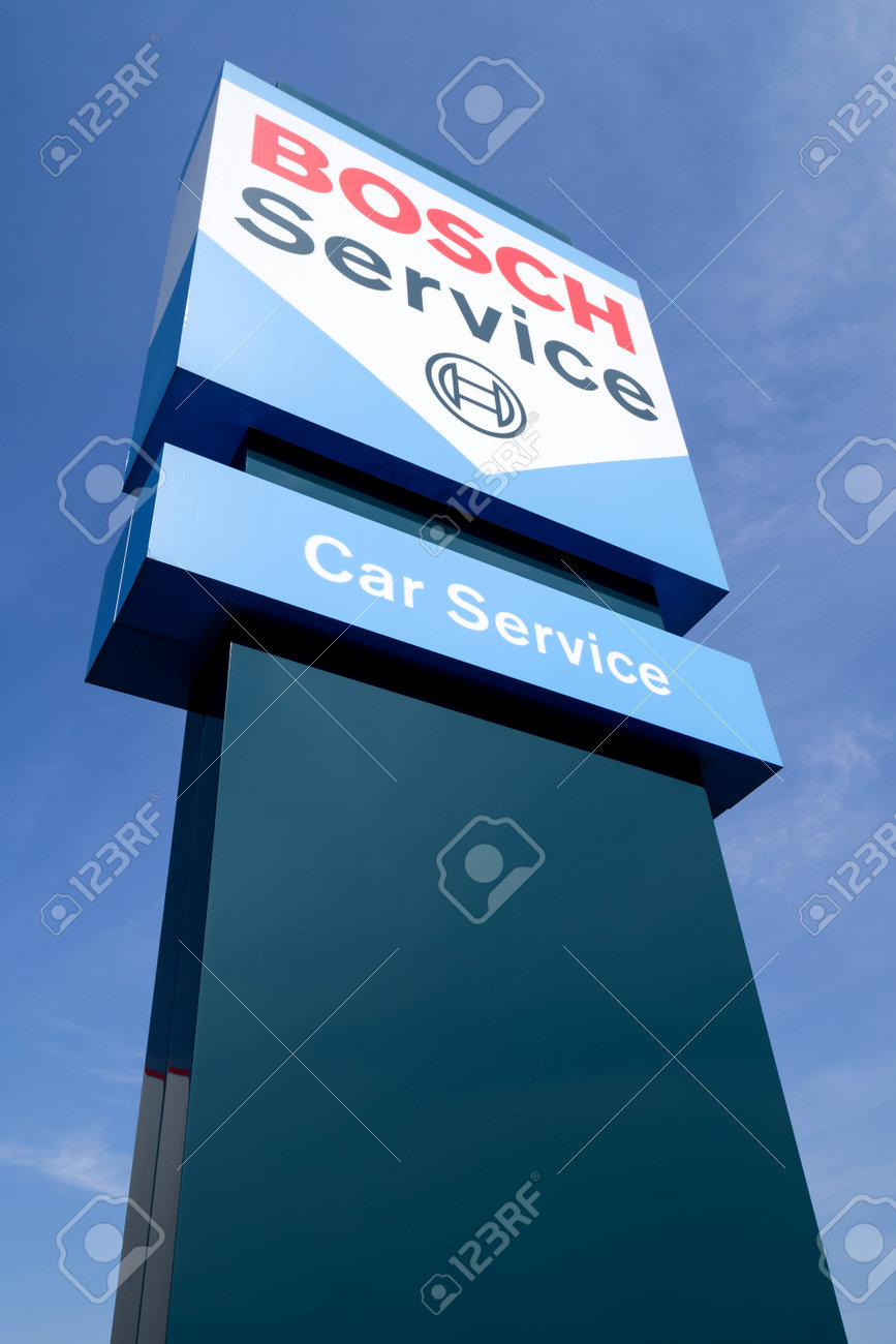 Bosch Car Service Sign Against Blue Sky Bosch Car Service Is