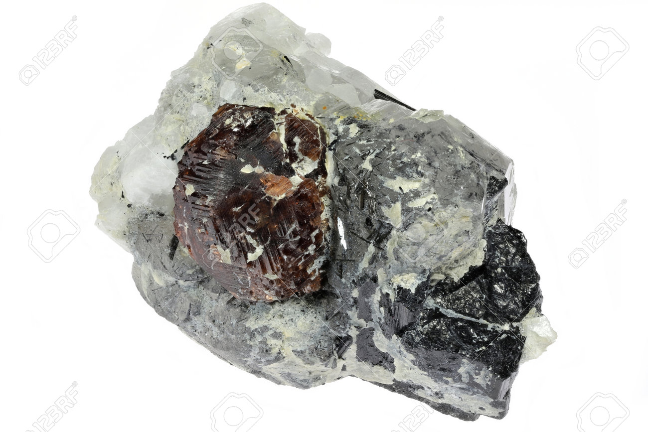 spessartine garnet with quartz, schorl and albite from Skardu, Pakistan isolated on white background - 170982667 spessartine garnet with quartz, schorl and albite from Skardu, Pakistan isolated on white background - 170982667