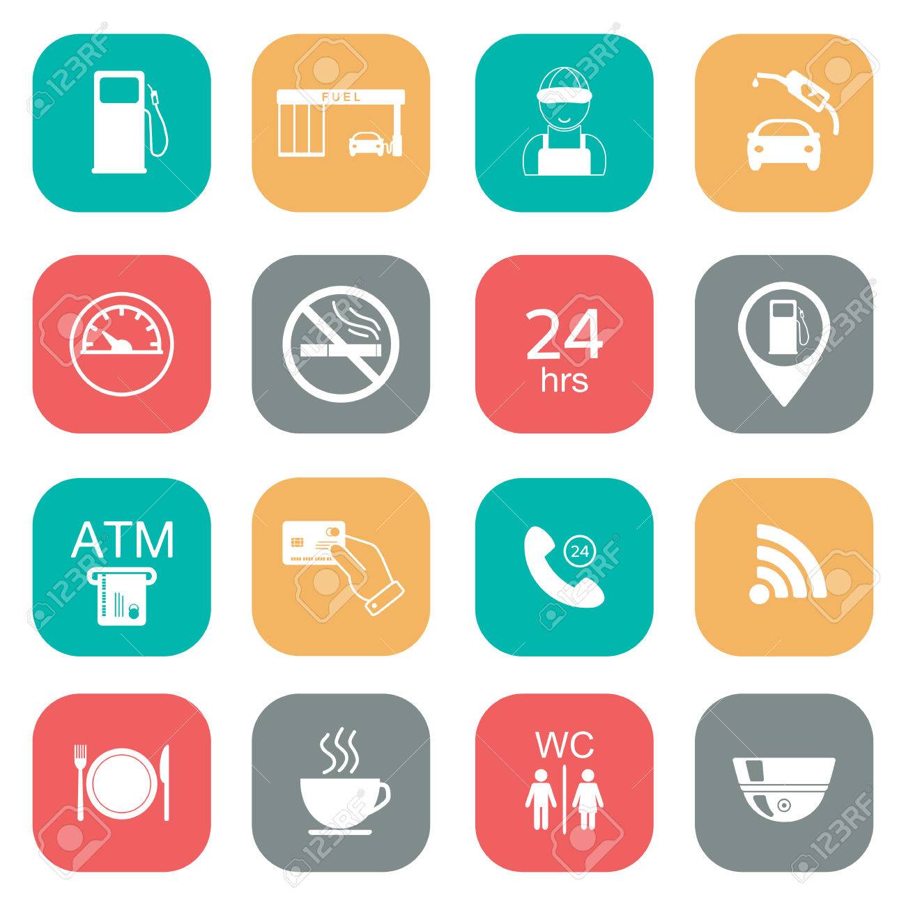 ガソリン スタンドのアイコンのセットです 燃料グリフ アイコン フラットな色 ベクトル図のイラスト素材 ベクタ Image