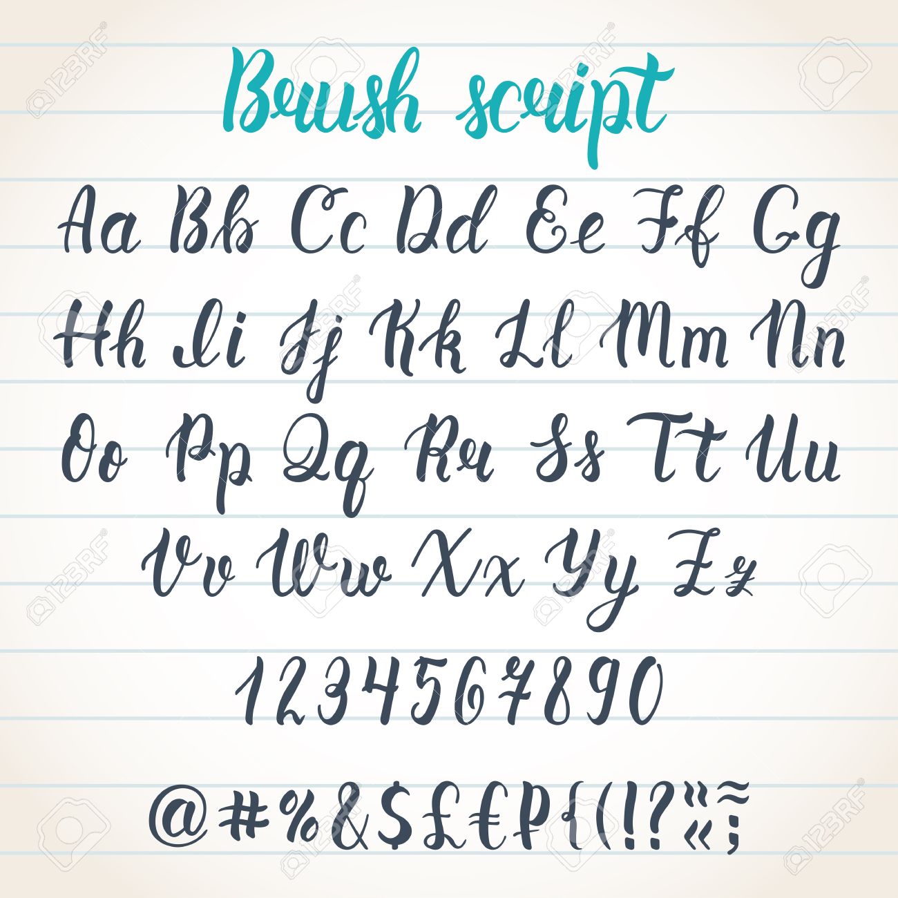 hand drawn latin calligraphy brush script with numbers and symbols