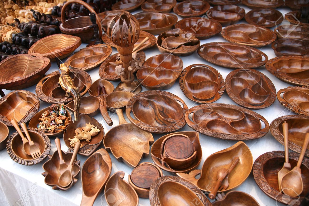 Various Of Wooden Dishes And Souvenirs In Flea Market Anjuna Goa India Stock Various Of Wooden Dishes And Souvenirs In Flea Market Anjuna Goa India Stock