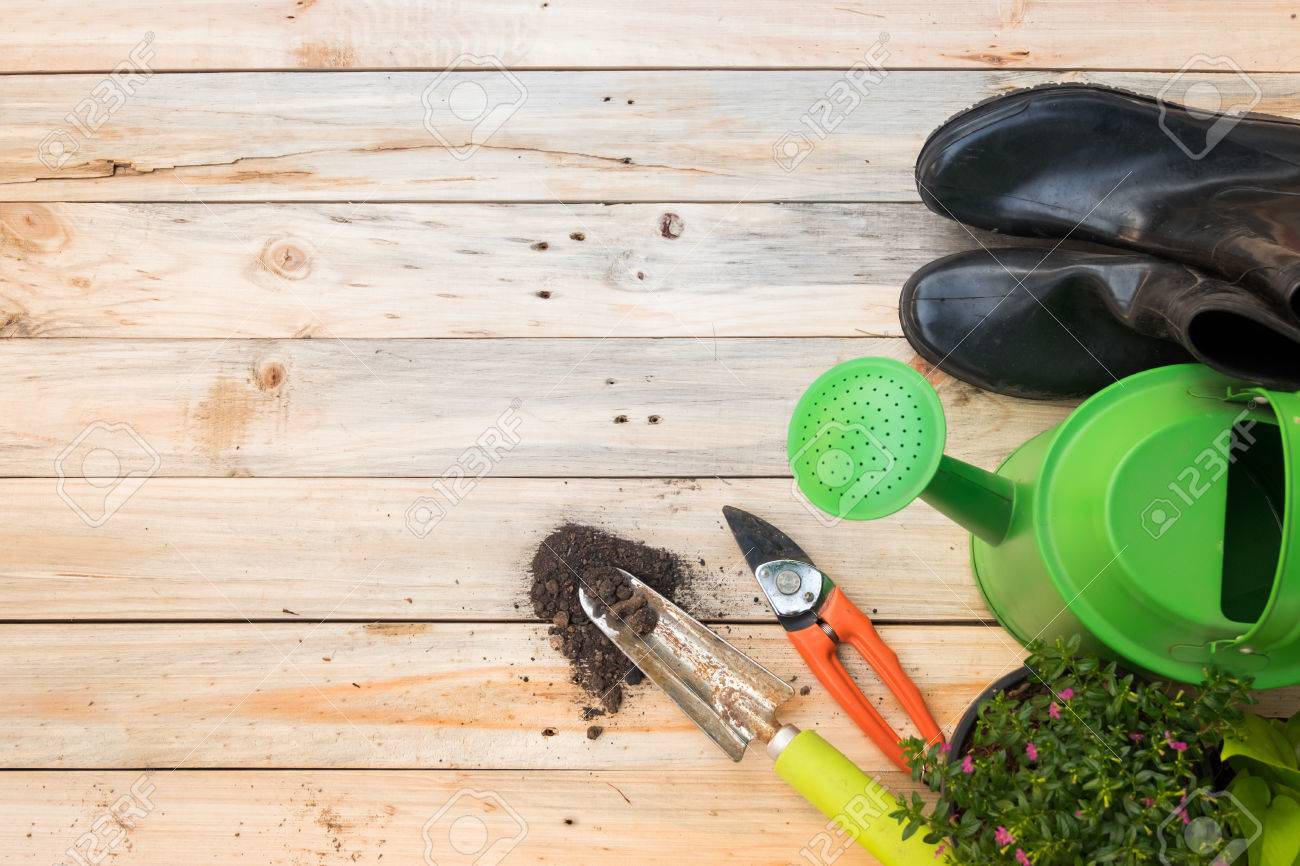 ガーデニング ツール 水まき缶 種子 植物 ビンテージの木製テーブルの上の土壌 フリー テキスト スペースとガーデンのコンセプトの背景に春します の写真素材 画像素材 Image