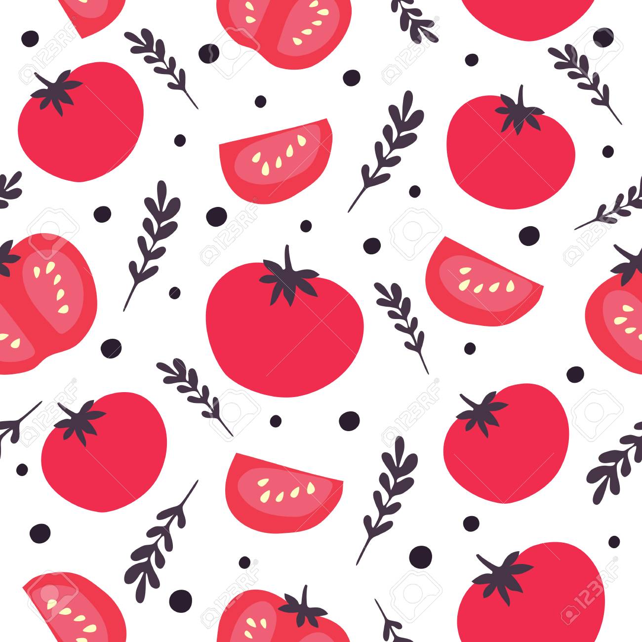 Vector Seamless Pattern Of Red Tomatoes Basil And Peppercorns Royalty Free Cliparts Vectors And Stock Illustration Image 112287967